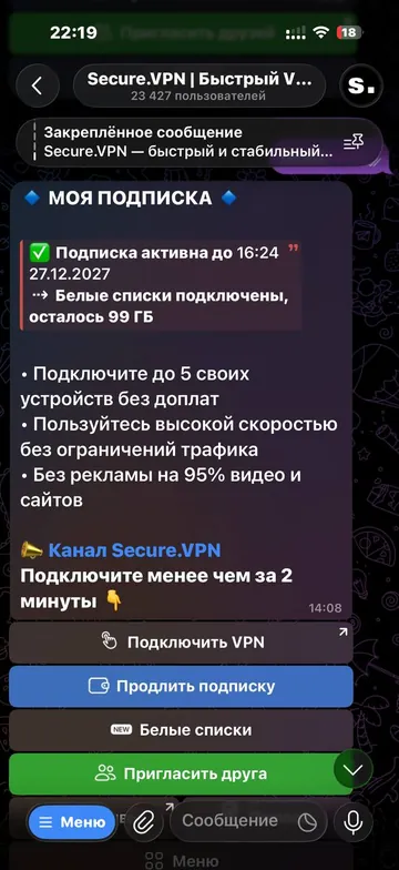 Раздел «Моя подписка» в боте Secure.VPN, зелёная кнопка «Пригласить друга»